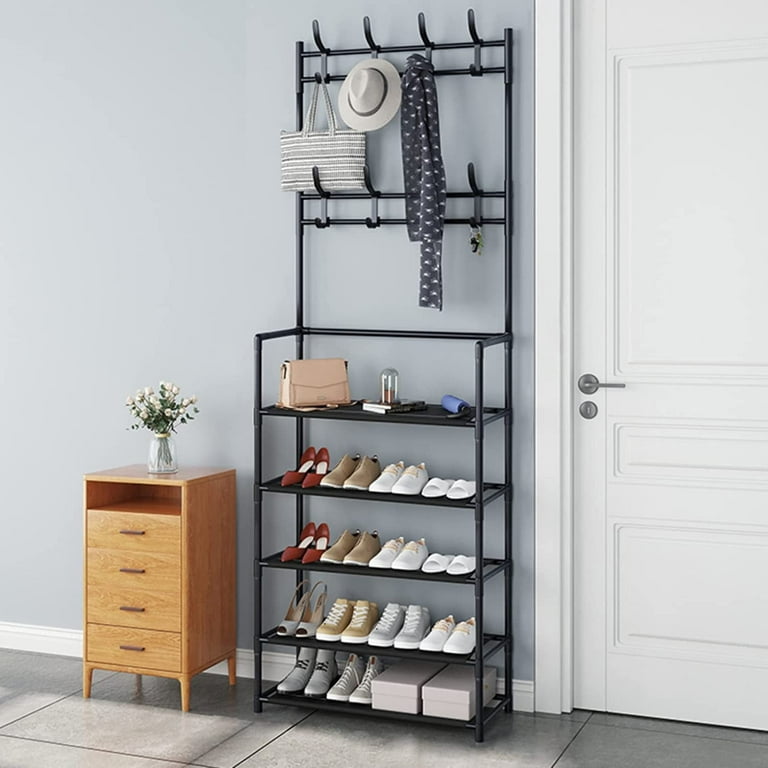 3-in-1 Entryway Coat Rack with Shoe Rack, Coat Clothes Rack Shoe Storage Bench, Multipurpose Hat and Shoe Storage Rack with 5-Tier 8 Hooks, Suitable