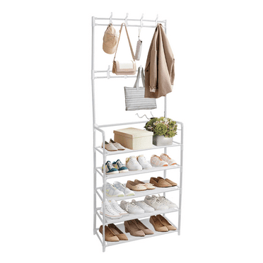 3-in-1 Entryway Coat Rack with Shoe Rack, 69" H Coat Clothes Rack Shoe Storage Shelves, Multipurpose Hat and Shoe Storage Rack with 5-Tier 8 Hooks, Suitable for Hat, Clothes,Key,White