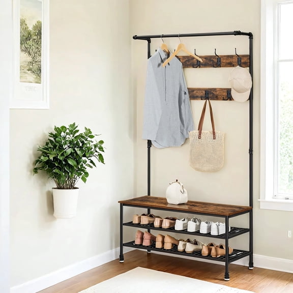 40"Entryway Coat Rack and Storage Bench Multifunctional 4-in-1 Hall Tree with 9 Hooks Sturdy Steel Frame