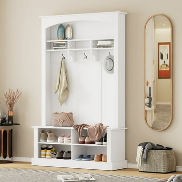 3-in-1 Entryway Hall Tree with Bench and Shoe Storage, Multi-functional Storage Bench with 3 Hanging Hooks & Open Storage Space, Rectangle Storage & Shelves Coat Rack for Hallway, White