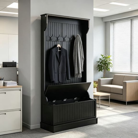 3-in-1 Entryway Hall Tree with Shoe Storage Bench, 5 Double Coat Hooks, Hinged Storage Seat, MDF Wood and Steel Construction, Space-Saving Organizer for Hallway, Mudroom, Entryway, Black