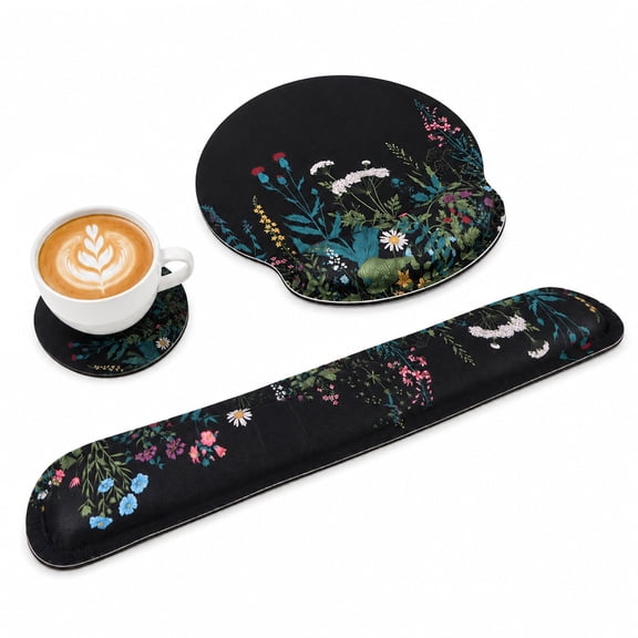 3-in-1 Ergonomic Keyboard Wrist Rest and Mouse Pad Set, TSV Memory Foam Wrist Support with Coaster for Computer Office Gaming, Black