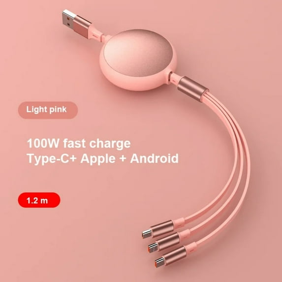 3-in-1 Fast Charging 100W Retractable USB to Type-C/Micro Cable Portable 1.2M Charger for iPhone Samsung Google