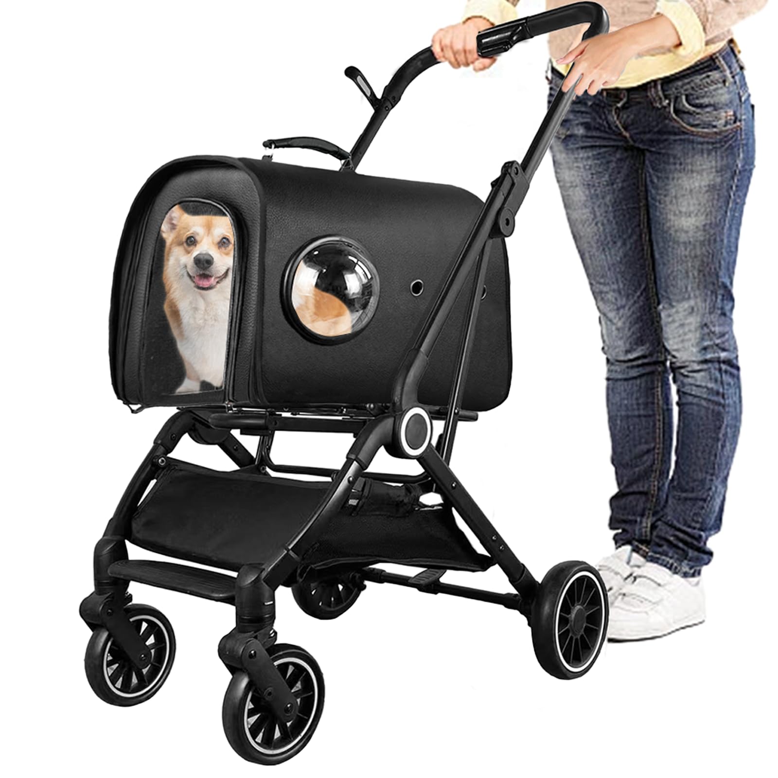3in1 Faux Leather Pet Stroller, Foldable Cat/Dog 4 Wheel Stroller