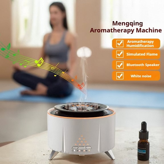 3-in-1 Flame Humidifier Aroma Diffuser with Bluetooth Speaker, 350ml Essential Oil Diffuser with Simulated Fire, White Noise, Timer, Cool Mist Humidifier for Bedroom, Home, Yoga