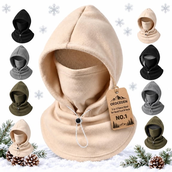 3-in-1 Fleece Hood for Head Face & Neck Balaclava Windproof Warm Mask Hat Integrated Polyester Plush Lining Adjustable Drawcord Winter Outdoor Men Women Single Double