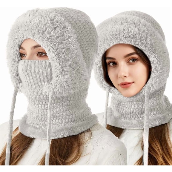 3 in 1 Fleece Lined Beanie Hat Set - Womens Knit Scarf & Mask 2-in-1 Winter Snow Cap