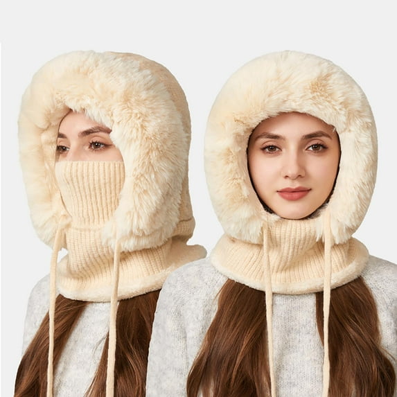 3-in-1 Fleece-Lined Knitting Hat Scarf Mask, Upgraded Winter Balaclava, Windproof Warm Knit Headwear for Women Cold Weather