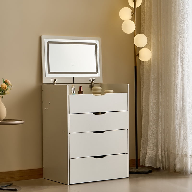 3-in-1 Flip Top Makeup Vanity Desk with 3 Color Light Mirror, Glass Tabletop Storage Drawers Solid Wood Legs, Dressing Table Workstation Nightstand for Bedroom