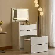 3-in-1 Flip Top Vanity Desk with LED Mirror, Compact Makeup Dressing Table with Glass Top, 3 Drawers & Stool, Multi-Functional Vanity/Nightstand/Desk for Small Spaces
