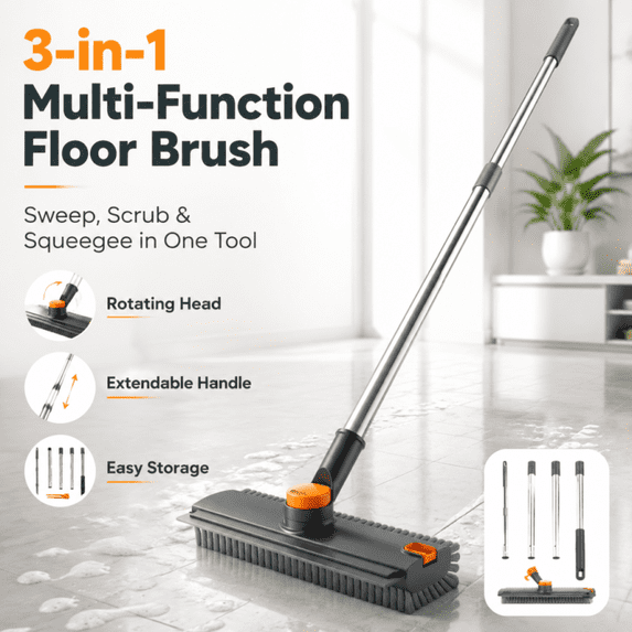 3-in-1 Floor Scrub Brush with Long Handle, Stiff Bristles, Squeegee and ...