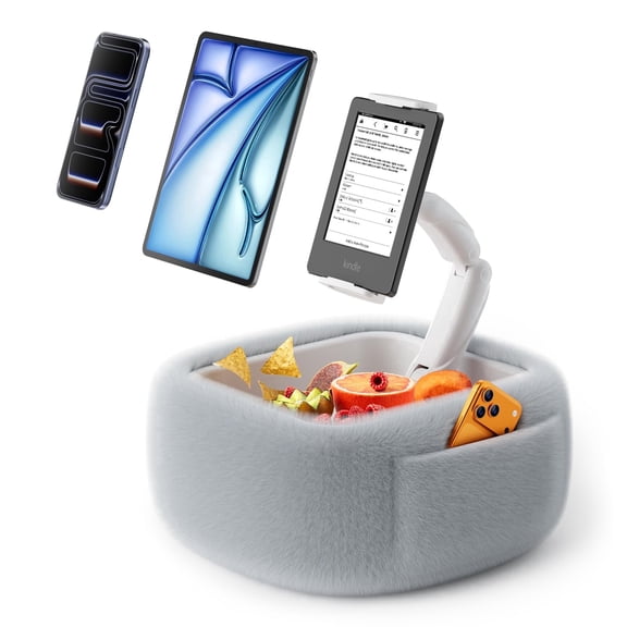 3-in-1 Fluffy Lap Pillow Stand with Snack Bowl, Foldable Tablet Holder for Kindle iPad Phone, Hands-Free Reading Stand for Bed Sofa(Fluffy Gray)