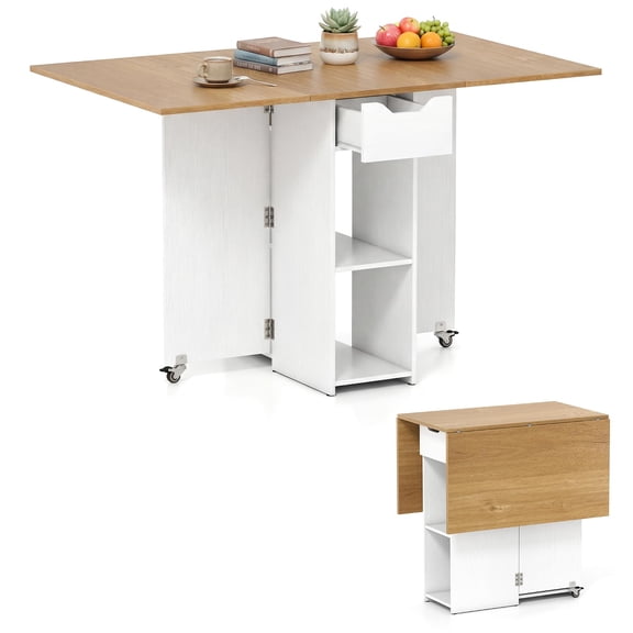 3-in-1 Foldable Dining Table With Storage, White + Natural, 47.5 Expandable