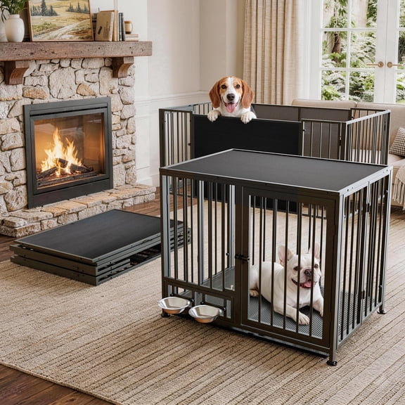 Amoveo 37.8" Heavy Duty Dog Crate for Medium Dogs, 3-in-1 Collapsible Metal Kennel & Playpen with Lockable Wheels & Feeding Bowls, Indoor Outdoor,Black