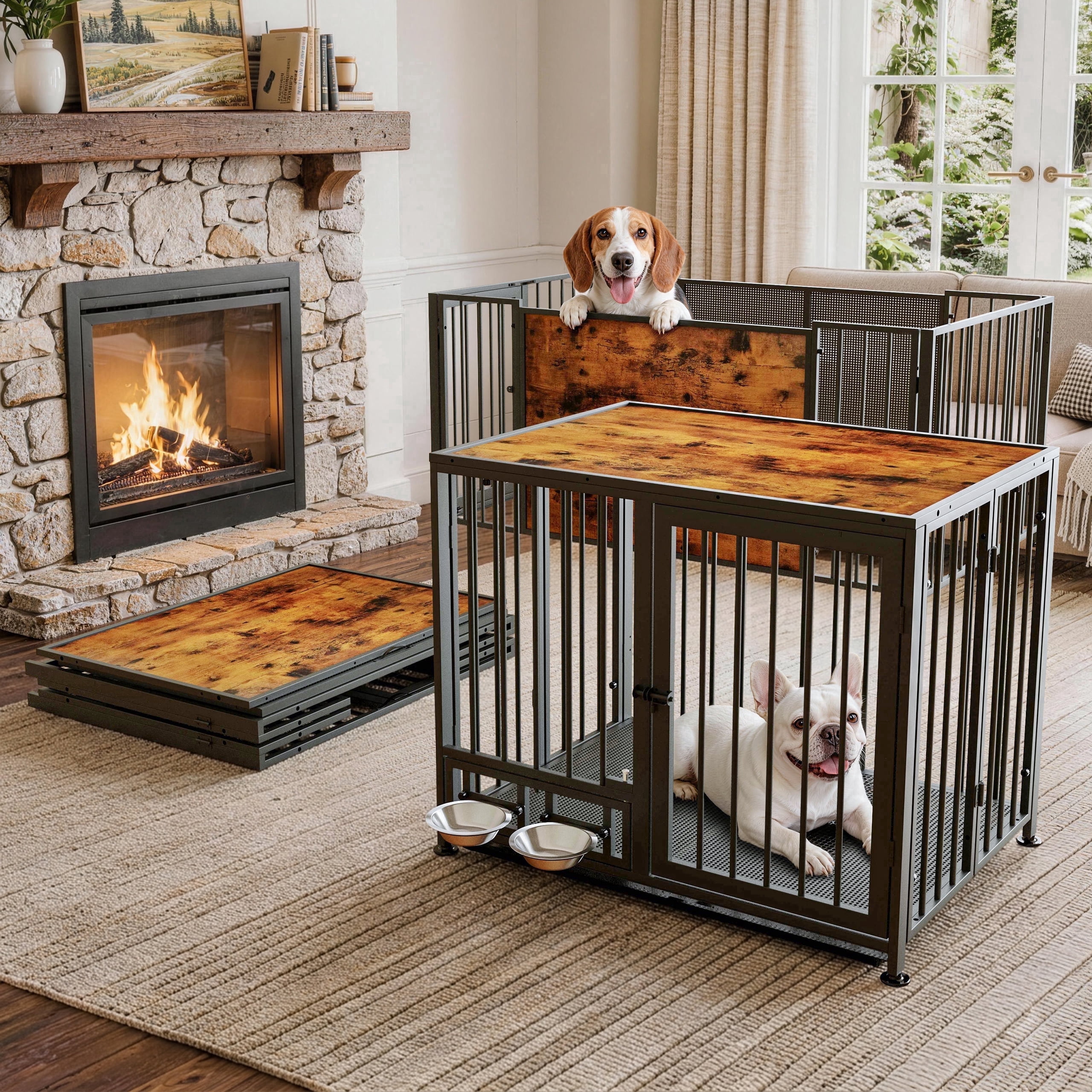 Amoveo 32.7" Foldable Dog Crate for Small Dogs, 3-in-1 Metal Kennel & Playpen with Wheels & Feeding Bowls, Escape-Proof Indoor Outdoor Cage,Brown