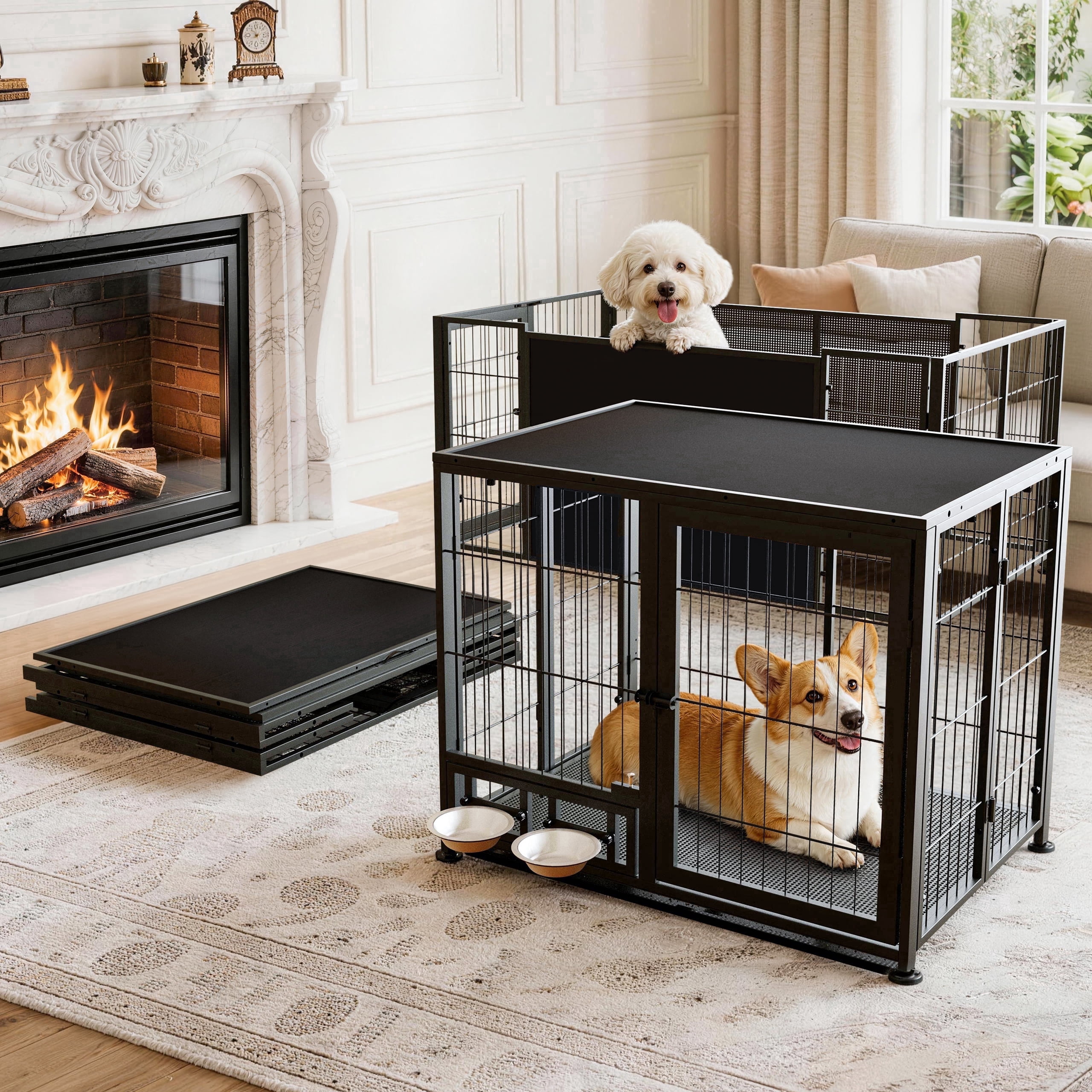 Amoveo 37.8" Heavy Duty Dog Crate for Medium Dogs, 3-in-1 Collapsible Metal Kennel & Playpen with Lockable Wheels & Feeding Bowls, Indoor Outdoor,Black