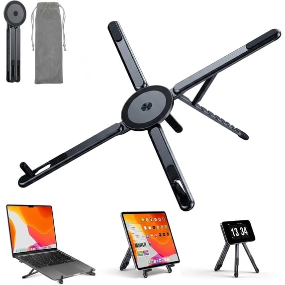 3-in-1 Foldable Laptop Stand with Magnetic Phone Holder, 8-Level Adjustable Aluminum Riser, Portable Tablets Stand for MacBook, iPad, Dell, HP and Samsung, Office Accessories, 4"–16", Grey