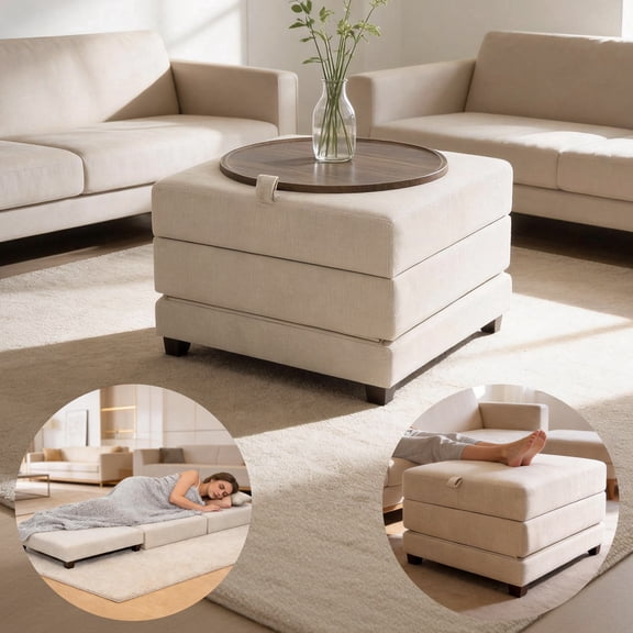 CoVibrant 3-in-1 Foldable Ottoman Bed with Wood Tray, Linen Upholstered Multi-Purpose Convertible Ottoman for Living Room, Bedroom