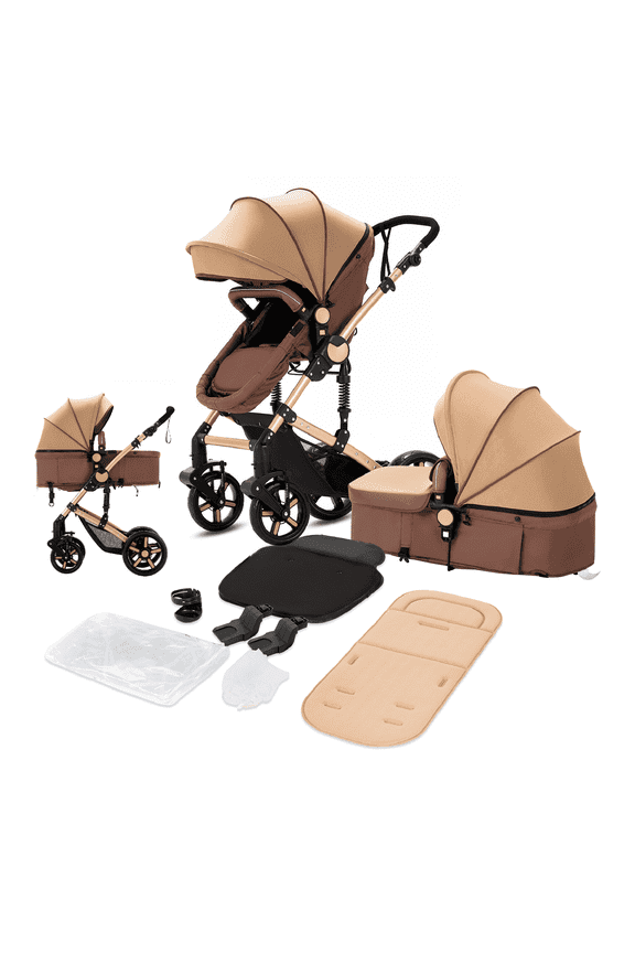 3 in 1 Foldable Reclining Newborn Pram,Easy Fold Airplane Travel Systems Baby Stroller，Unisex（Khaki）