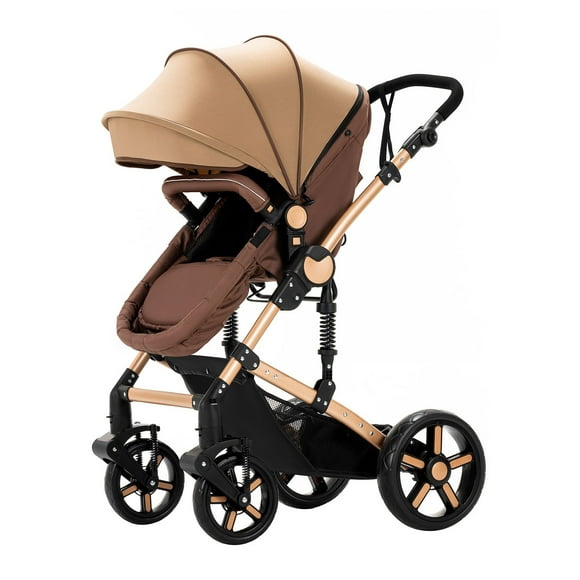 3 in 1 Foldable Reclining Newborn Pram,Easy Fold Airplane Travel Systems Baby StrollerUnisexKhaki