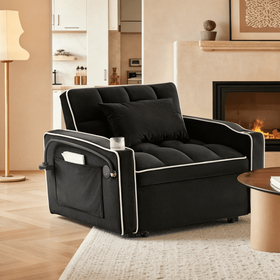 3-in-1 Foldable Velvet Sofa Bed with Adjustable Backrest | Built-In USB Port, Ashtray & Swivel Phone Stand, 3 Lengths for Living Room, Bedroom, Apartment