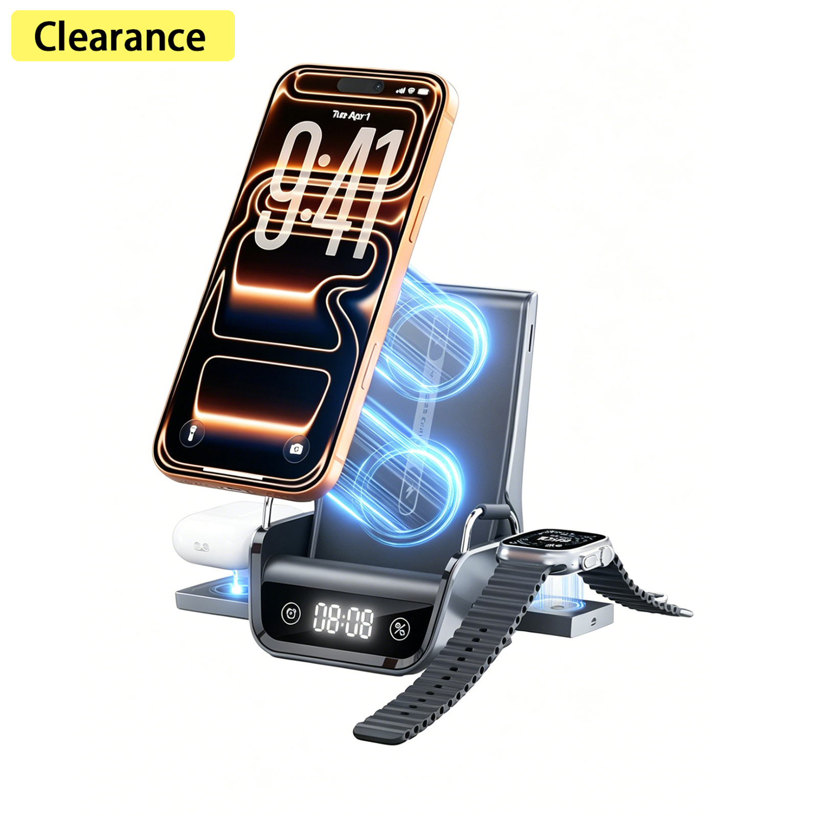 Elnone Estación de carga inalámbrica plegable 3 en 1 con reloj despertador para teléfonos Qi, Apple Watch, AirPods - Gris