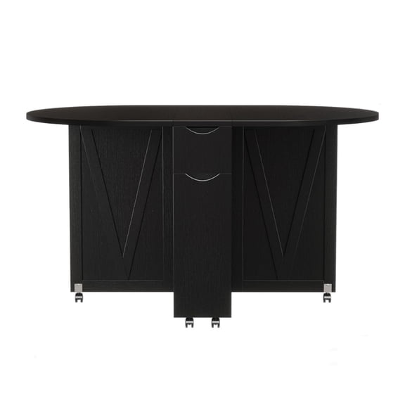 3-in-1 Folding Dining Table with Wine Rack & Cup Holder – Drop Leaf Oval Kitchen Table with Lockable Casters – Space-Saving for Small Spaces