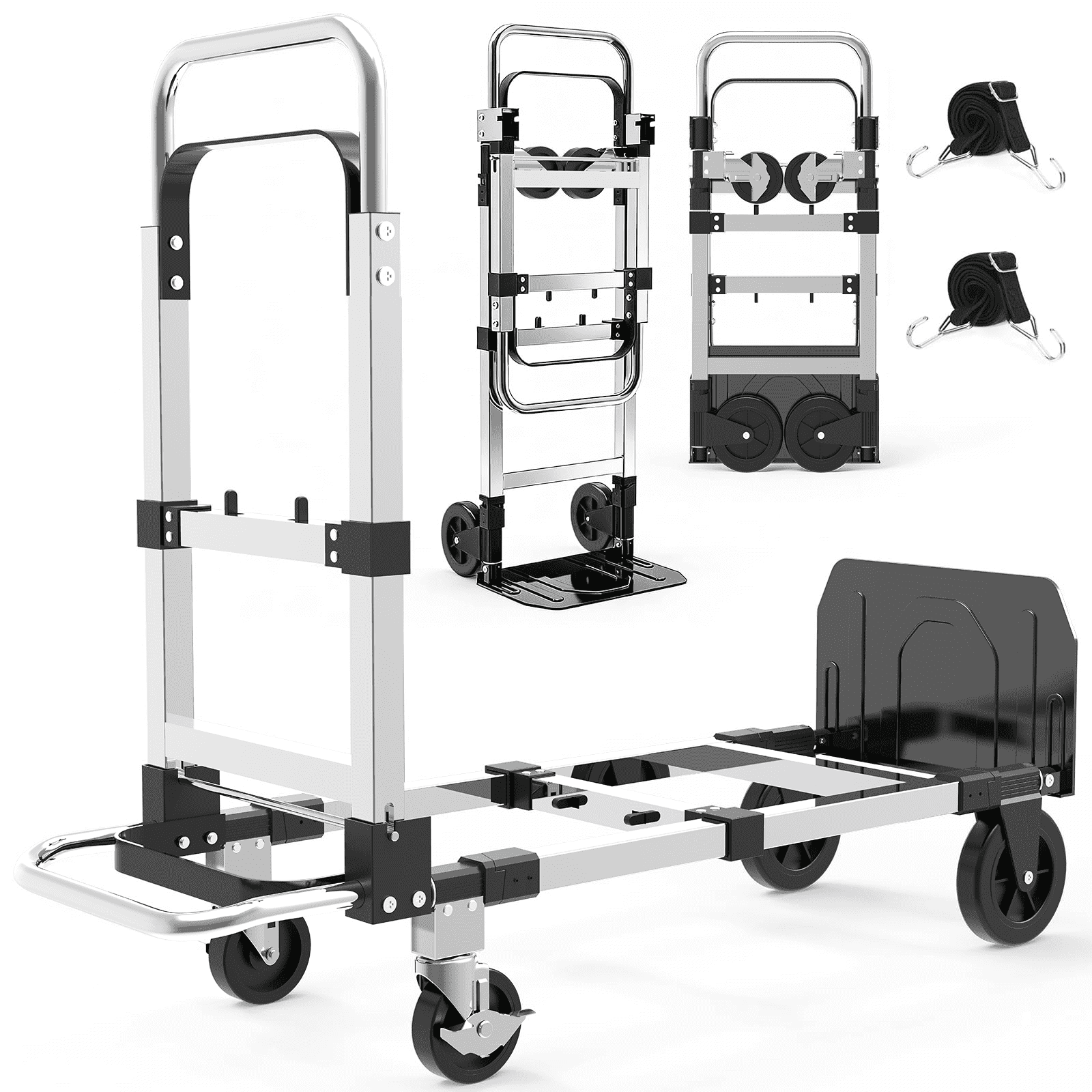 Foldable Hand Truck, 3-in-1 Aluminum Collapsible Dolly Cart with 4 Rubber Wheels and Retractable Handle, Portable Moving Dolly, Black