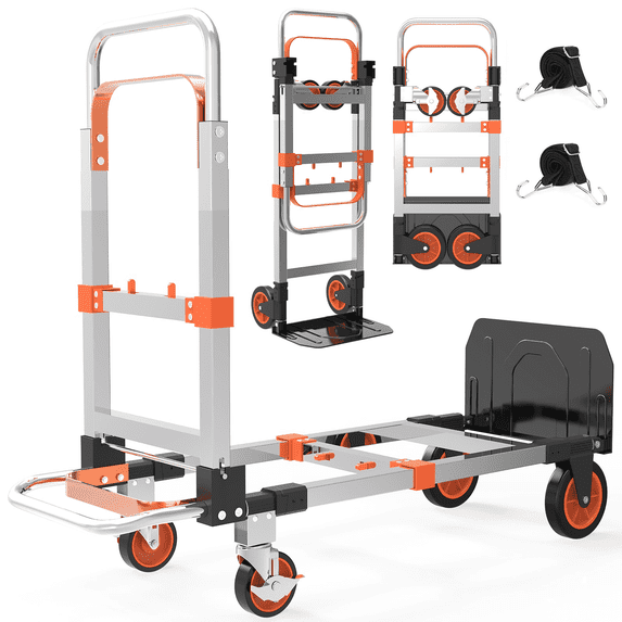 Foldable Hand Truck, 3-in-1 Aluminum Collapsible Dolly Cart with 4 Rubber Wheels and Retractable Handle, Portable Moving Dolly, Orange
