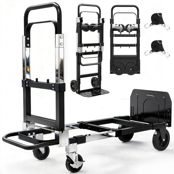 Yacona 3-in-1 Folding Hand Truck, Foldable Dolly Cart with Wheels Heavy Duty, Convertible Hand Cart for Moving with Retractable Handle, Black