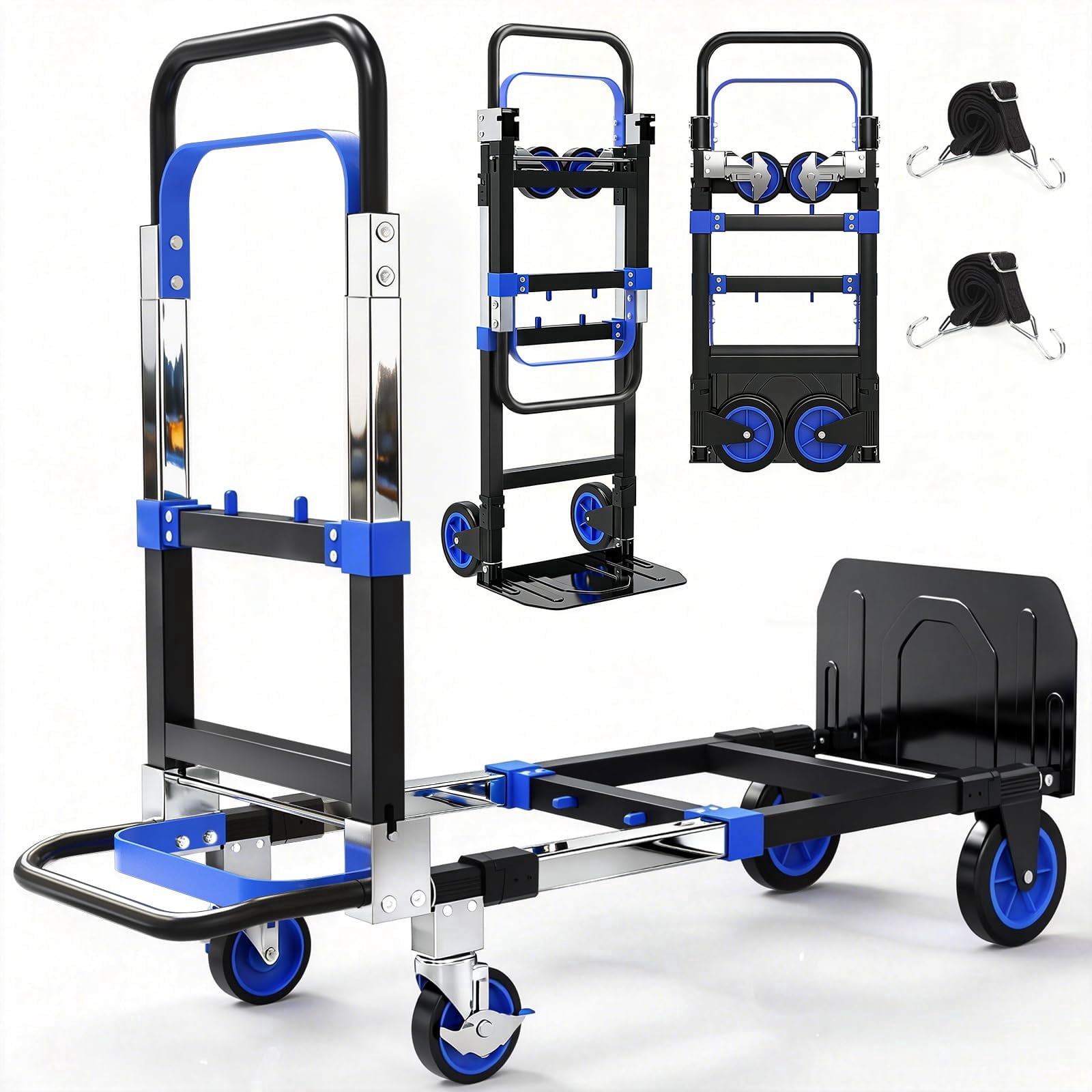 Yacona 3-in-1 Folding Hand Truck, Foldable Dolly Cart with Wheels Heavy Duty, Convertible Hand Cart for Moving with Retractable Handle, Blue