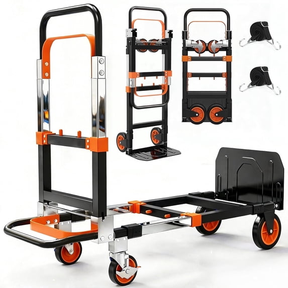 Yacona 3-in-1 Folding Hand Truck, Foldable Dolly Cart with Wheels Heavy Duty, Convertible Hand Cart for Moving with Retractable Handle, Orange