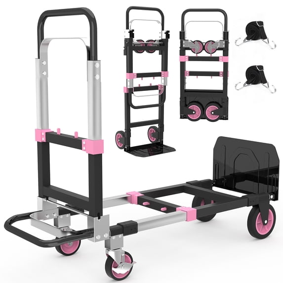 Yacona 3-in-1 Folding Hand Truck, Foldable Dolly Cart with Wheels Heavy Duty, Convertible Hand Cart for Moving with Retractable Handle, Pink