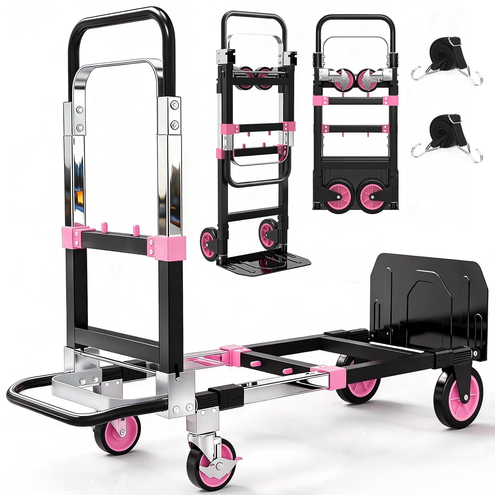 Yacona 3-in-1 Folding Hand Truck, Foldable Dolly Cart with Wheels Heavy Duty, Convertible Hand Cart for Moving with Retractable Handle, Pink