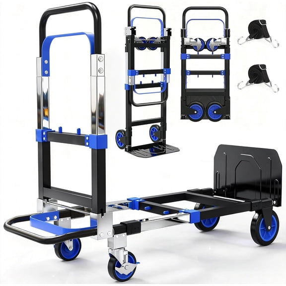 3-in-1 Folding Hand Trucks, 500lbs Convertible Dolly, Dolly Cart with Wheels Heavy Duty, Moving Cart with Retractable Handle, Collapsible Trolley for Moving Office/Home/Warehouse/Boxes/Cartons (Blue)