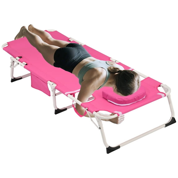 3-in-1 Folding Lounge Chair, Heavy Duty Tanning Chair with Face Hole,5-Position Folding Chaise Lounge Chairs for Outside Portable Lay Flat Beach, Pink