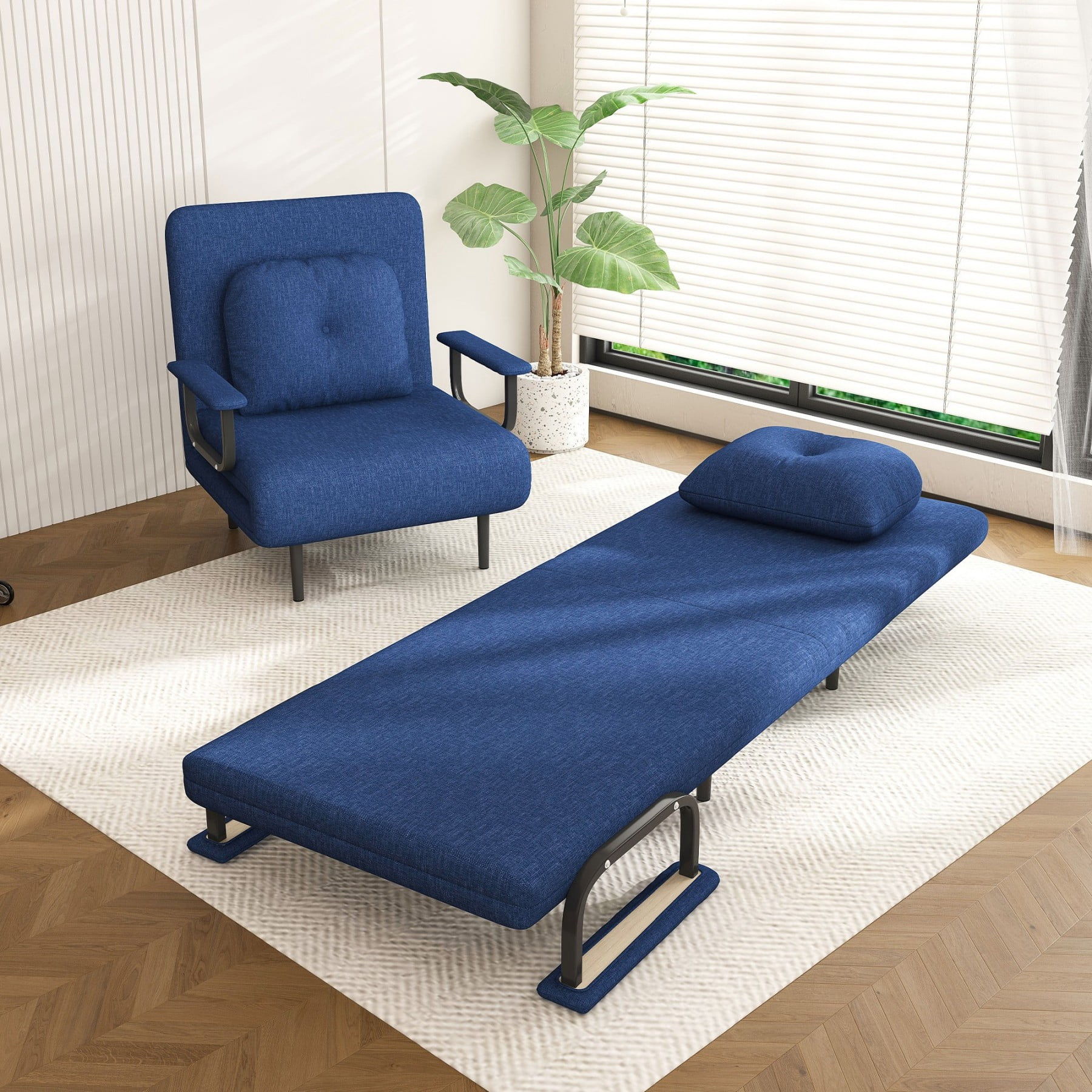 3-in-1 Folding Sofa Bed Chair, Adjustable Sleeper Chair with 5-Position Backrest & Pillow for Bedroom Office, Blue