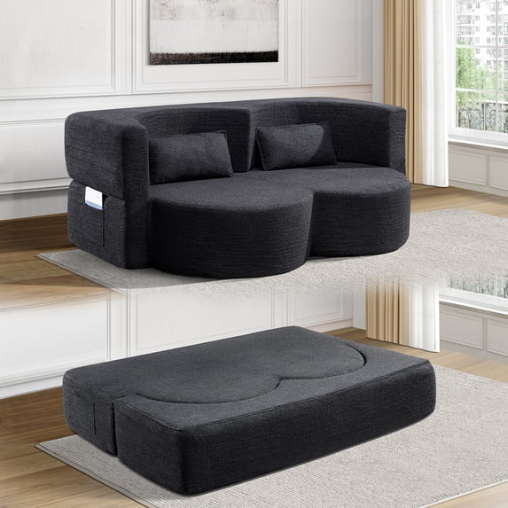 3-in-1 Folding Sofa Bed, Teddy Fabric Floor Sofa Convertible to Sleeper, No Assembly Required Futon with High-Density Foam, Space Saving Multi-Functional Furniture for Living Room, Apartment, Black