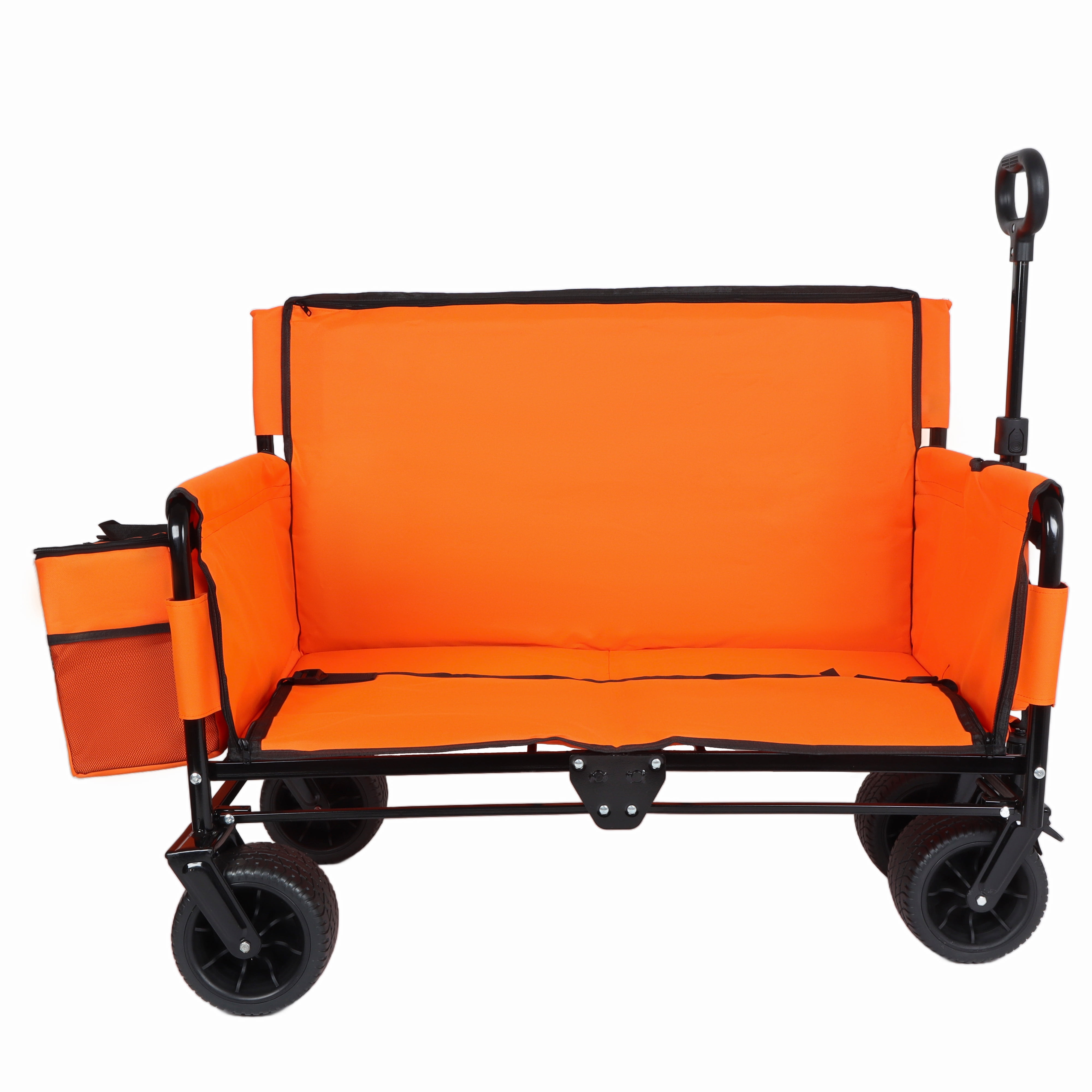 3-in-1 Folding Wagon Cart with Bench Seat, 500lbs Heavy-Duty Utility Wagon, 180L Capacity All-Terrain 360° Wheels with 1 Ice Pack for Camping Beach Sports Garden, Orange