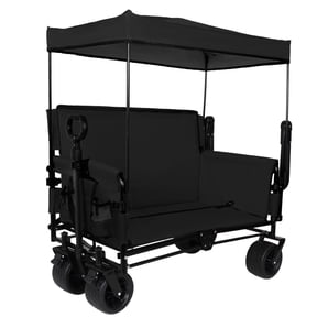 3-in-1 Folding Wagon Cart with Bench Seat & Canopy & Storage, 500lbs Heavy-Duty, 180L Capacity, All-Terrain Wagon for Camping, Beach, Sports, & Garden, Black