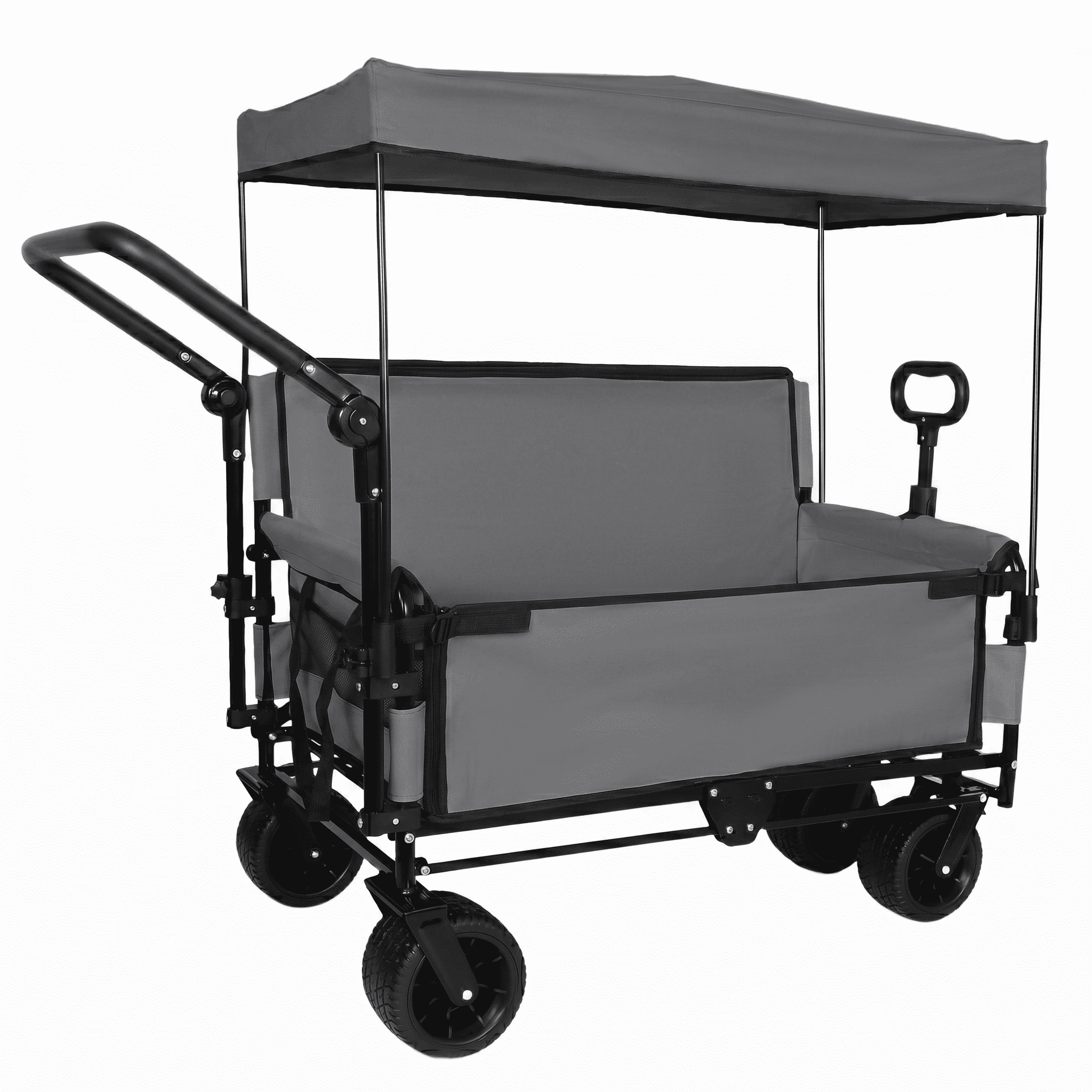 3-in-1 Folding Wagon Cart with Bench Seat & Canopy & Storage, 500lbs Heavy-Duty, 180L Capacity, All-Terrain Wagon for Camping, Beach, Sports, & Garden, Gray