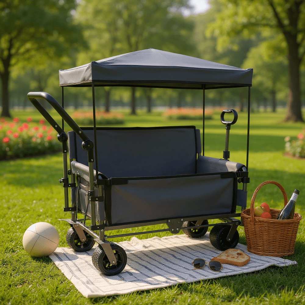 3-in-1 Folding Wagon Cart with Bench Seat,Canopy and Storage, All-Terrain Wagon with Back Pocket,Cup Bags, Adjustable Handle,500lbs Capacity,Heavy Duty Utility Cart for Camping,Beach,Sports,Gray