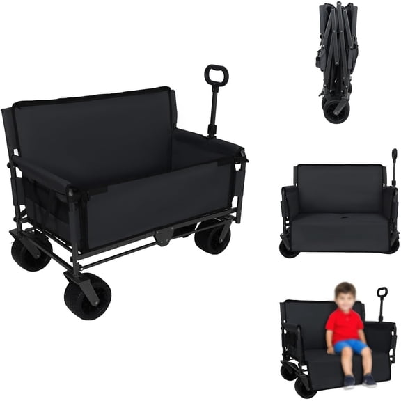 3-in-1 Folding Wagon Cart with Seat & Storage, 500 Lbs Heavy-Duty Utility Lounge Wagon, All-Terrain Wheels for Camping, Beach, Sports, Garden (Black)