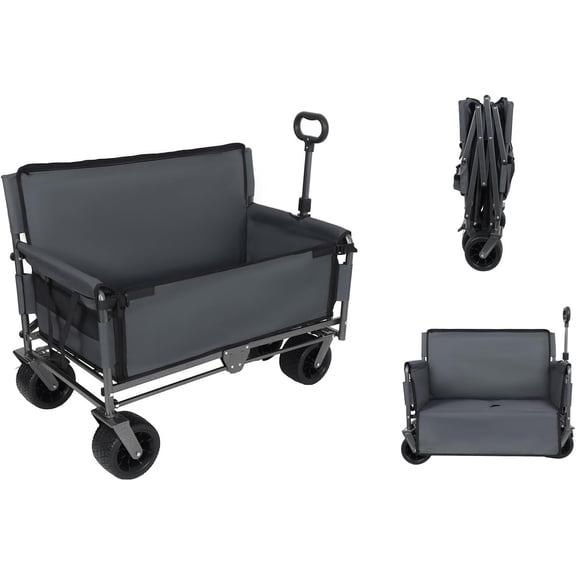 3-in-1 Folding Wagon Cart with Seat & Storage, 500 Lbs Heavy-Duty Utility Lounge Wagon, All-Terrain Wheels for Camping, Beach, Sports, Garden (Grey)