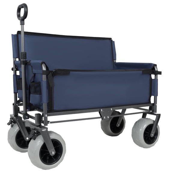 LuckyNote 3-in-1 Folding Wagon with Bench Seat, Heavy Duty Carbon Steel Frame, 500lbs Capacity, 9"×4" All-Terrain Beach Tires, 360° Swivel Wheels for Camping Beach Outdoor Transport