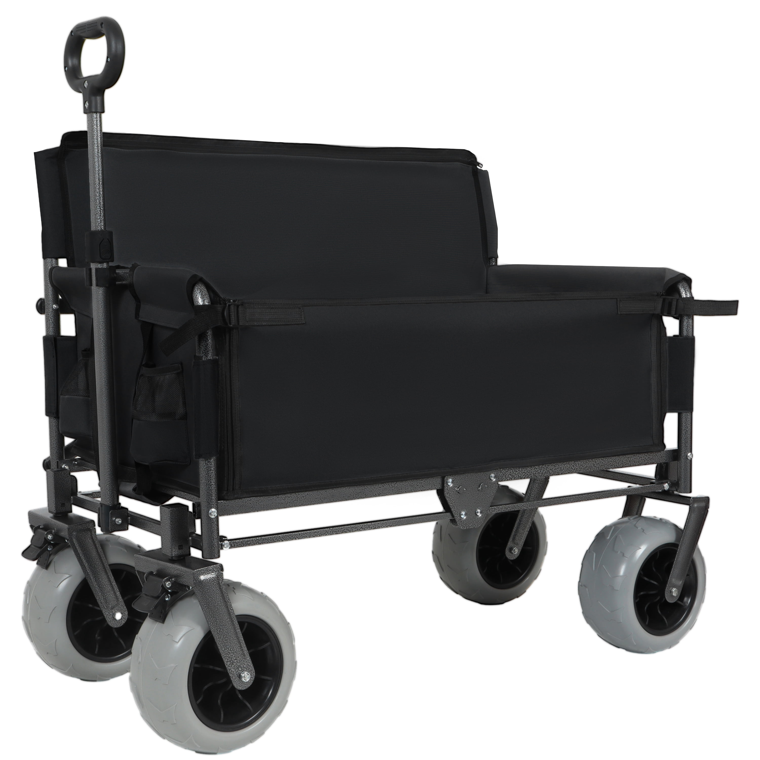 3-in-1 Folding Wagon with Bench Seat, 500lbs Capacity, All-Terrain Beach Tires, Collapsible Utility Cart for Camping Beach Groceries, Black