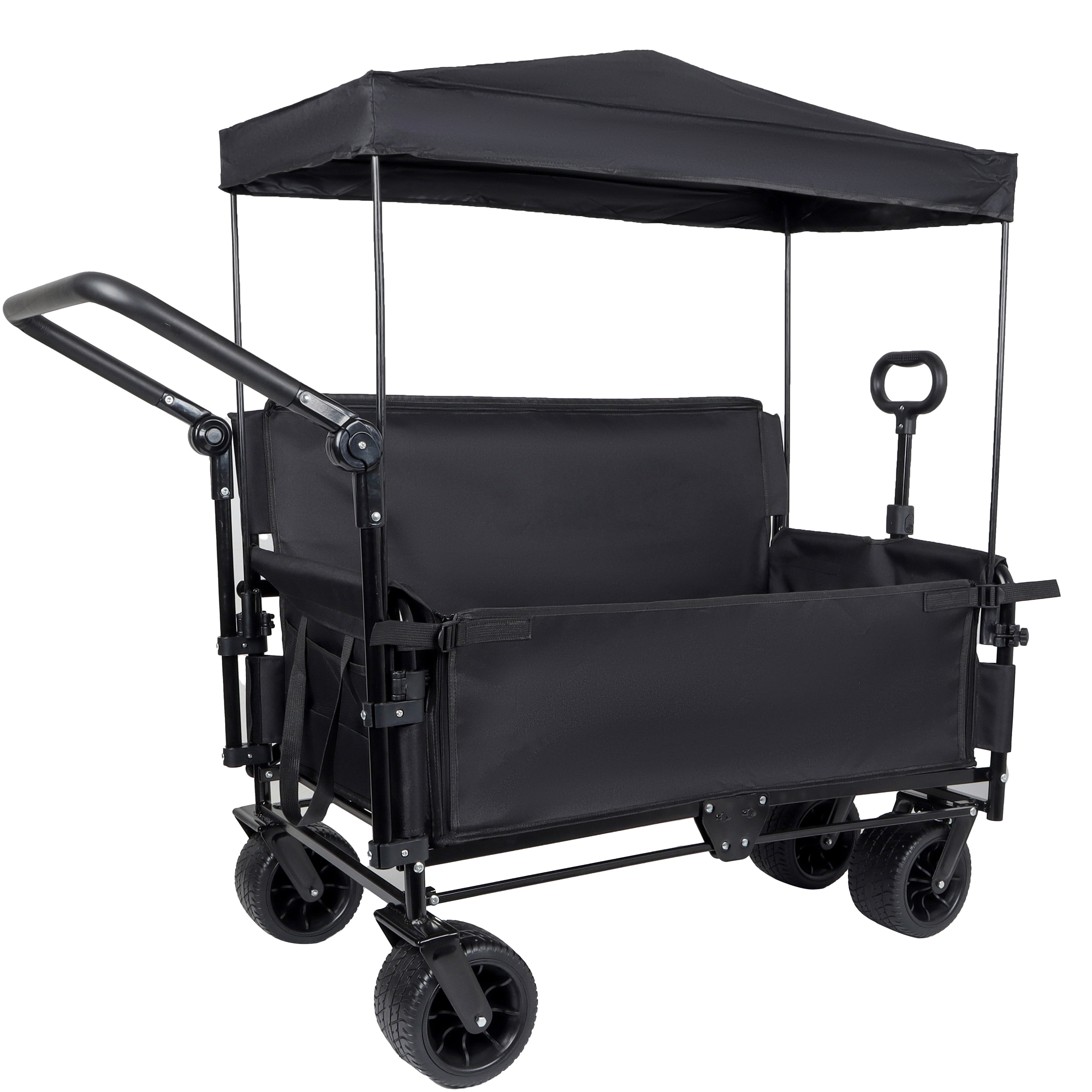 3-in-1 Folding Wagon with Bench Seat & Canopy, 500LBS Heavy-Duty 180L Capacity All-Terrain Cart for Camping Beach Garden Sports