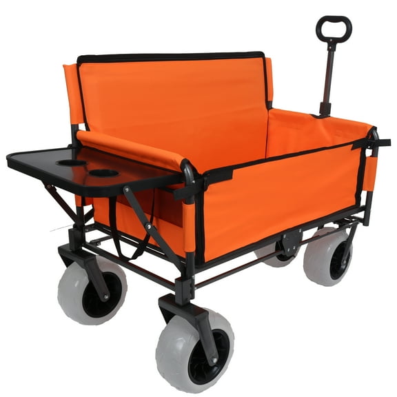3-in-1 Folding Wagon with Bench Seat & Rear-Mounted Folding Tabletop 500lbs Capacity, 9"x4" Beach Tires for Camping, Orange