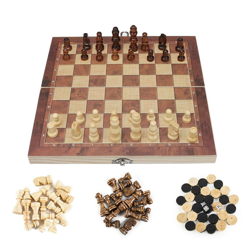 3 in 1 Folding Wooden Chess Backgammon Checkers Travel Games Chess Set