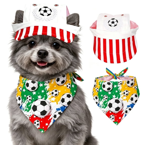 3-in-1 Football-Themed Pet Outfit: Adjustable Cap-Triangular Bandana Breathable Fabric, Comfortable for Puppies, Kittens, and Small to Medium Pets, Great for Summer Sun Protection